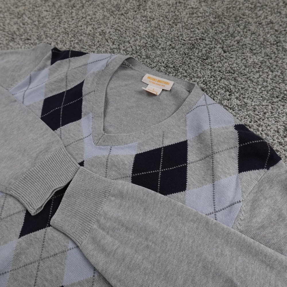 Brooks Brothers Sweater Mens L Gray Argyle V Neck Knit Pullover Grandpa Academia